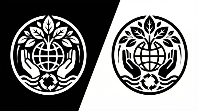 Global environmental protection and recycling symbol with world globe held by hands and topped with growing leaves.