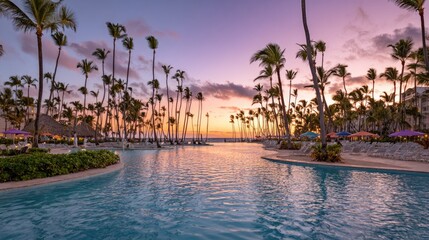 Obraz premium Tropical resort swimming pool borders dense palm tree grove during vibrant sunset