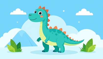 Fototapeta premium A friendly cartoon dinosaur stands against a light blue backdrop, with clouds, hills, and greenery
