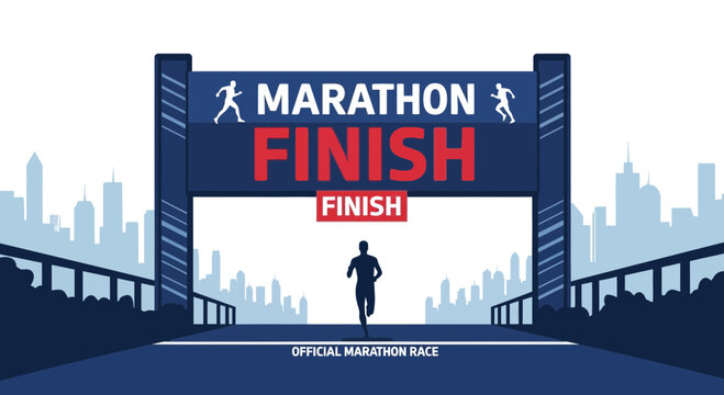 Marathon Finish Line Arch With Runner And Cityscape Illustration