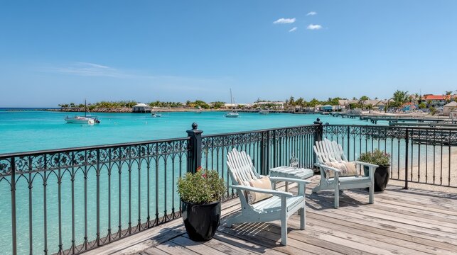 Coastal scene with chairs overlooking turquoise ocean under blue sky