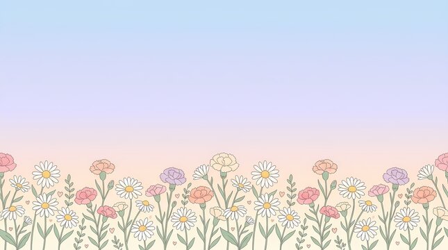 Hand-drawn spring flower border with colorful carnations and daisies on a soft pastel gradient background. Cute floral vector illustration.