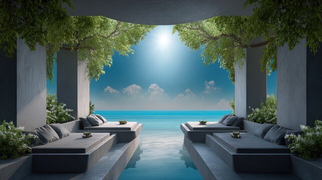 Luxury poolside lounge area with ocean view under a bright sunny sky