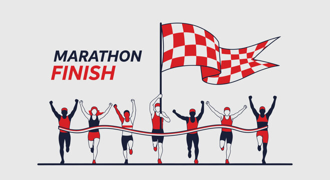 Marathon Victory Celebration: Runners Crossing Finish Line With Checkered Flag Triumph