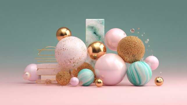 Assemblage of polished geometric shapes features diverse textures and metallic accents against a soft gradient background