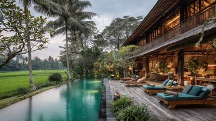 Obraz premium Luxury villa with pool and lush landscape for vacation and relaxation