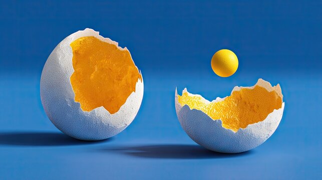 Broken white eggshells reveal luminous golden interior against a solid blue background