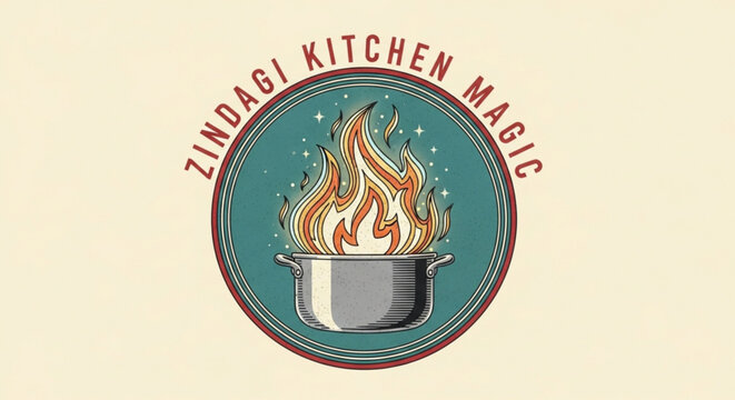 Zindagi kitchen magic logo with flame pot on teal background