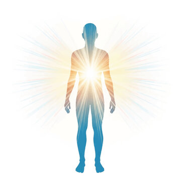 Full-body illustration of a human figure with a radiant light emanating from the chest area, set against a white background with colorful beams.