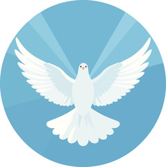 Obraz premium A white dove with outstretched wings against a light blue circular background with radiating light rays, symbolizing peace, hope, and spirituality.
