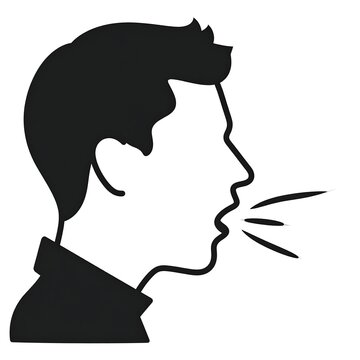 Black and white illustration of a person in profile view with open mouth, exhalations emanating. Depicts speaking, yelling