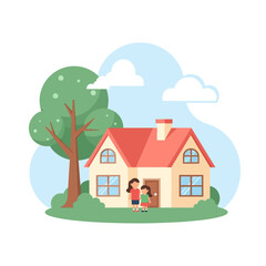 Fototapeta premium Family Home Scene: Two girls standing in front of a cozy house with a tree and clouds