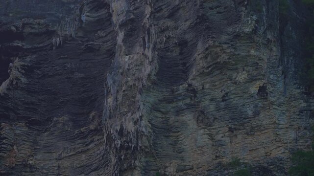 Detailed view of a karst rock face in Thailand, highlighting vertical formations and rugged geological textures shaped over time.