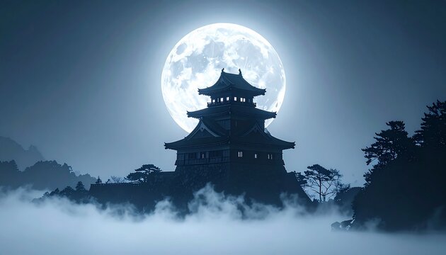 水墨画城満月光幻想和風背景コピースペース
