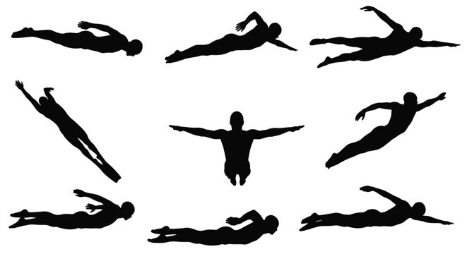 Vector illustration of male swimmer silhouettes demonstrating various swimming strokes and underwater poses in dynamic action.