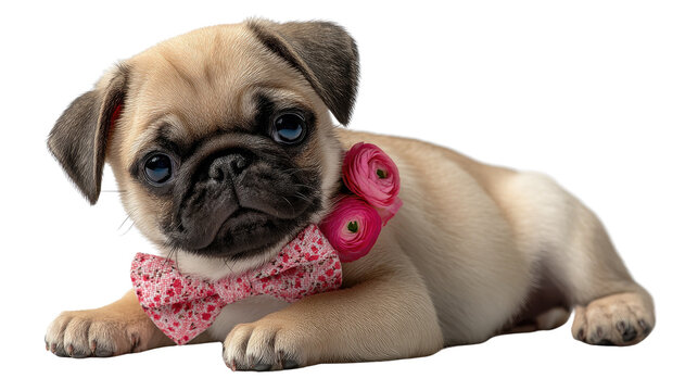 Puppy Love: A captivating pug puppy with endearing eyes, adorned with a charming bow tie, exudes irresistible cuteness and playful charm. 