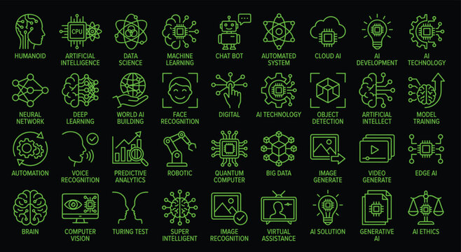Set of artificial intelligence icons machine learning and data science