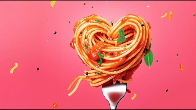 Creative heart-shaped spaghetti on fork with tomato sauce and herbs against pink background, romantic food concept