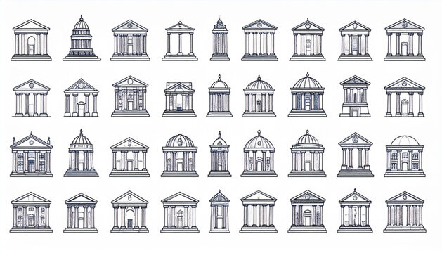 Set of Greek and Roman Temple Architecture Icons - Classical Government and Bank Building Vector Silhouettes.