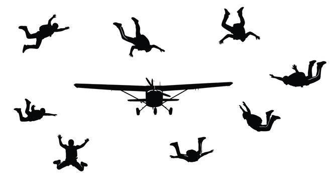 Multiple skydiver silhouettes freefalling from an airplane in a dynamic vector illustration showcasing extreme sports and adventure.