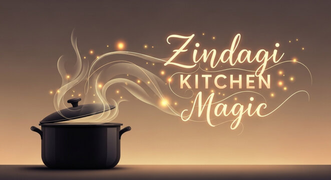 Steaming black pot with lid on kitchen counter with zindagi kitchen magic text