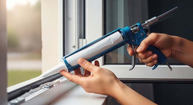Applying sealant to window frame for weatherproofing and insulation.
