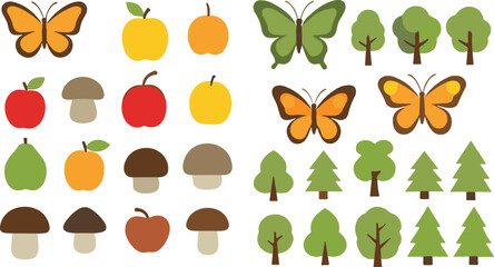 Autumn nature vector set including apples mushrooms butterflies and trees in flat style for seasonal design and fall themed projects © Sumon Creative