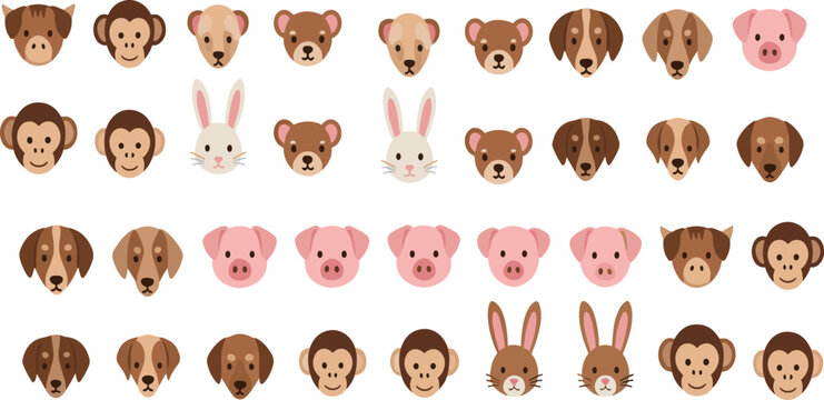 Cute farm animal face vector set including pig dog rabbit monkey and bear characters in flat cartoon style for kids design