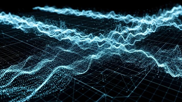 Digital sound wave visualization abstract blue glowing particles on a dark grid background with subtle lines