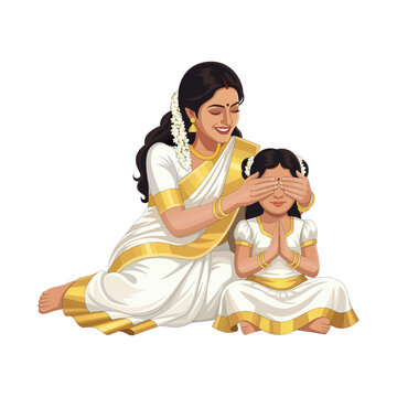 Kerala Mother and Daughter Celebrating Vishu Festival, Traditional Kerala Traditional Kasavu Saree and Pattu Pavada, Mother Hiding Child's Eyes for Vishu Kani Vision, Vector Illustration