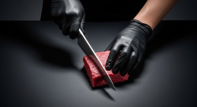 Cutting Fresh Meat with Gloves on Dark Surface.