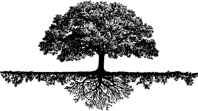 Detailed silhouette illustration displays a mature deciduous tree with extensive visible root structure below ground level