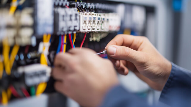 分電盤のブレーカーを操作する電気工事士