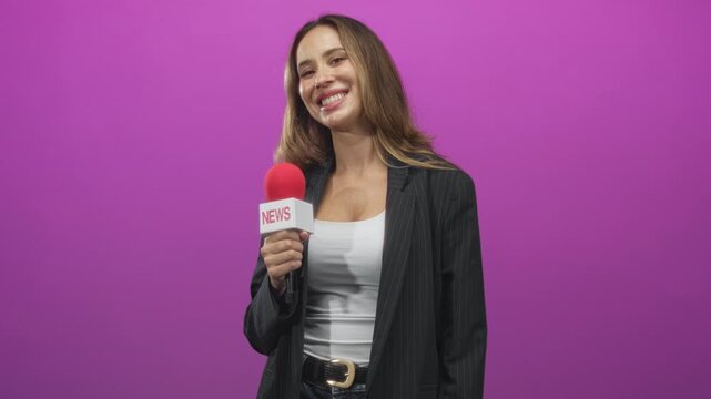 Woman reporter holding news microphone and smiling, points finger at camera in studio with pink backdrop, wearing black blazer and white tank; joyful confidence.