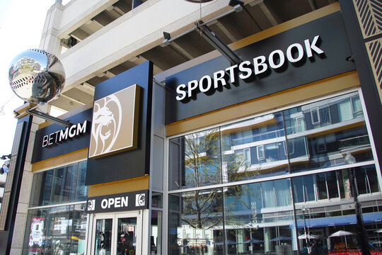The exterior of sports betting MGM Sportsbook in the United States capital city of Washington D.C on April 7, 2024.