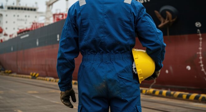 Worker holding helmet on dockyard near cargo ship industrial safety equipment
