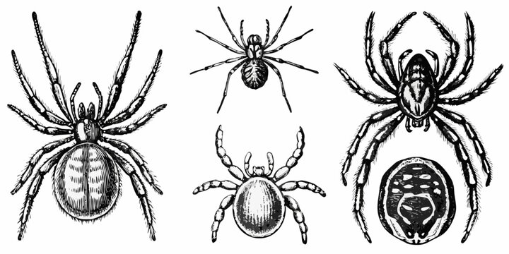 Detailed illustrations of various spider and tick species in vintage style