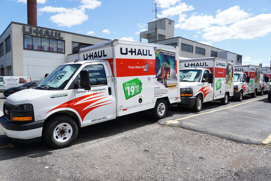 U-haul moving box trucks parked outside a U-haul rental facility in the United States capital city of Washington D.C on April 7, 2024.