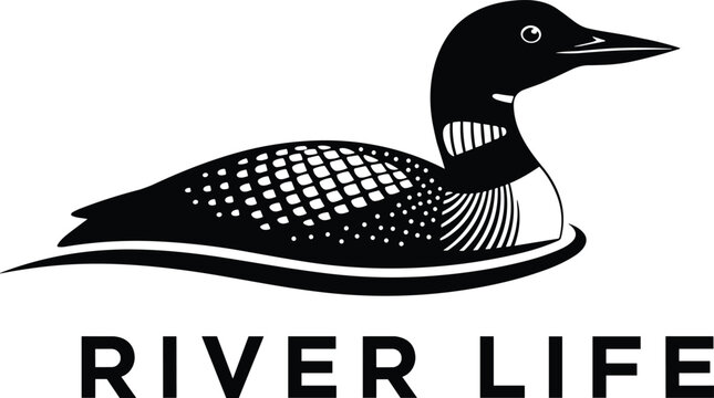 loon bird silhouette, river life illustration, wildlife nature logo, aquatic bird design, outdoor adventure symbol, black white vector, cad drawing flat vector illustration