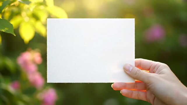 Hand holding blank white card in a garden with soft sunlight and blurred pink flowers