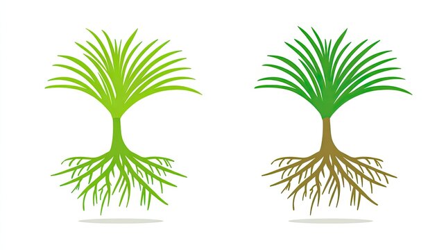 Pair of stylized plant icons illustrating above ground foliage and subterranean root systems in contrasting color schemes