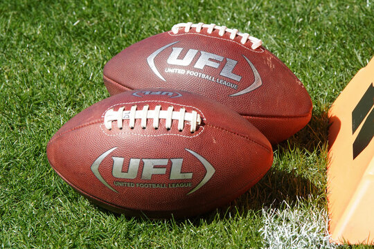 A pair of footballs on the sidelines at the new spring football league the UFL, which combines the XFL and USFL in the United States capital city of Washington D.C on April 7, 2024.