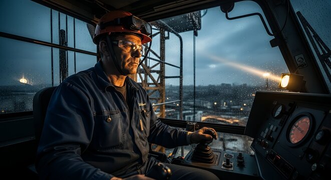 A weathered industrial crane operator in his cab, looking out at the evening cityscape with a determined expression, illuminated by the glow of distant lights and instruments