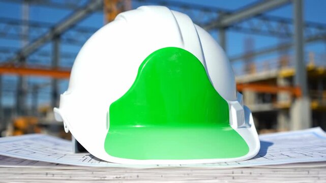 White Hard Hat with Green Visor on Blueprints at Construction Site