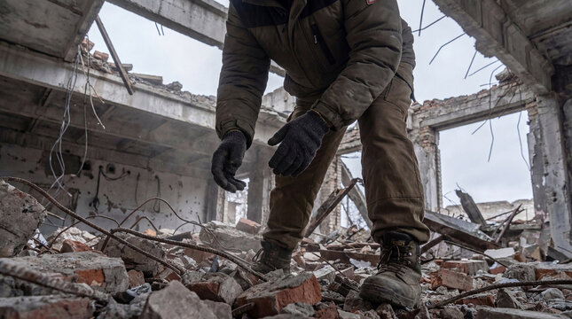 Person surveying the extensive damage and scattered debris within a severely ruined building after devastating conflict.