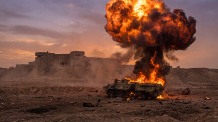 Massive explosion engulfs a military armored vehicle in a desolate desert at dusk.