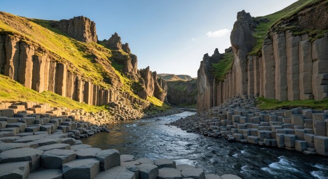 A river flows through a canyon of columnar rock formations