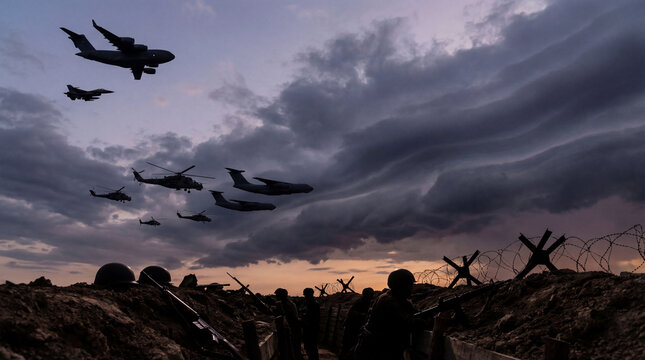A dramatic photograph showing military silhouettes in a trench with barbed wire.