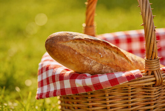 Macro wicker picnic basket with fresh French baguette on red white checkered cloth. Warm afternoon sunlight golden rim light. Green grass bokeh background. Romantic lazy spring vacation atmosphere.