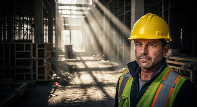 Man in hard hat and safety vest on construction site with sunbeams